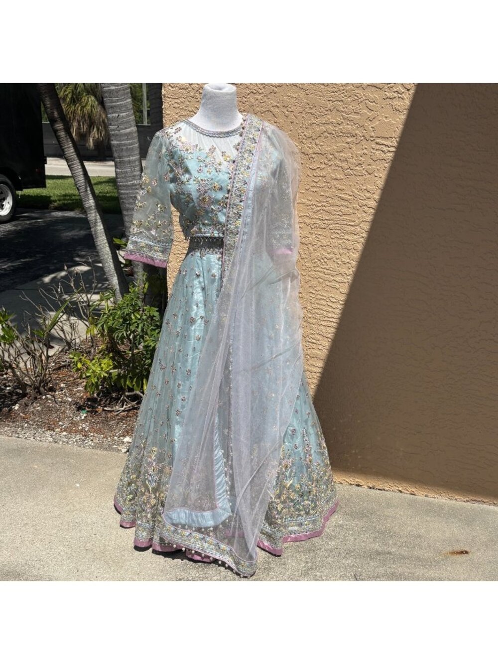 Lashkaraa Indian Dress Womens Pink Blue Sequin Embroidered Floral 3 Pcs Beaded